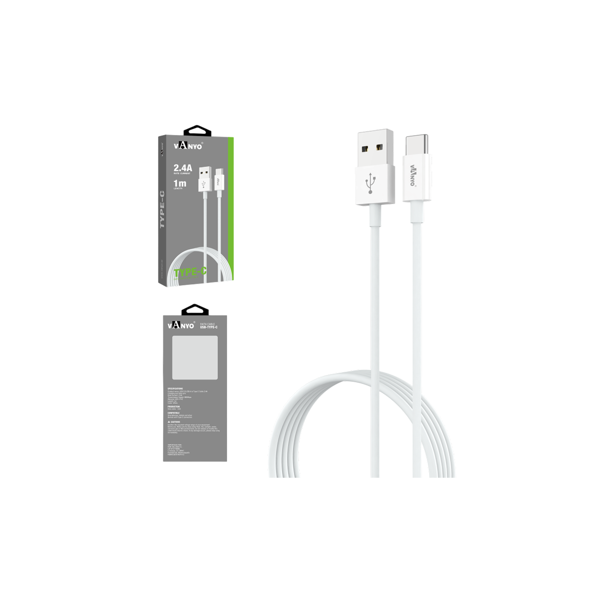1M USB-A to Type-C Fast Charging Data Cable – TPE, White